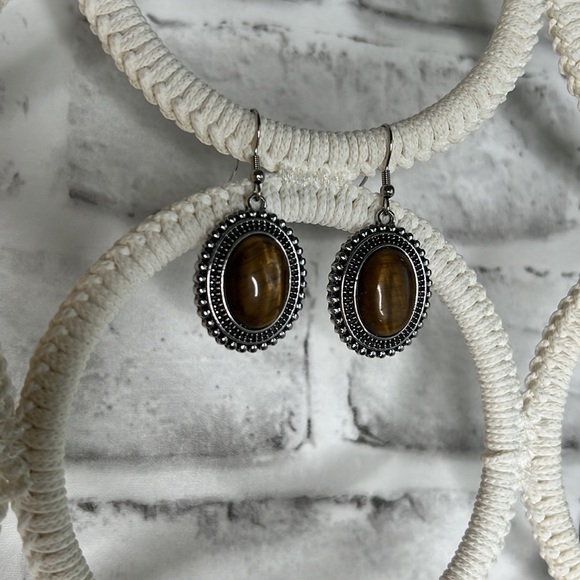 NWT South African Yellow Tiger’s Eye Dangle Earrings Silver - Picture 3 of 6